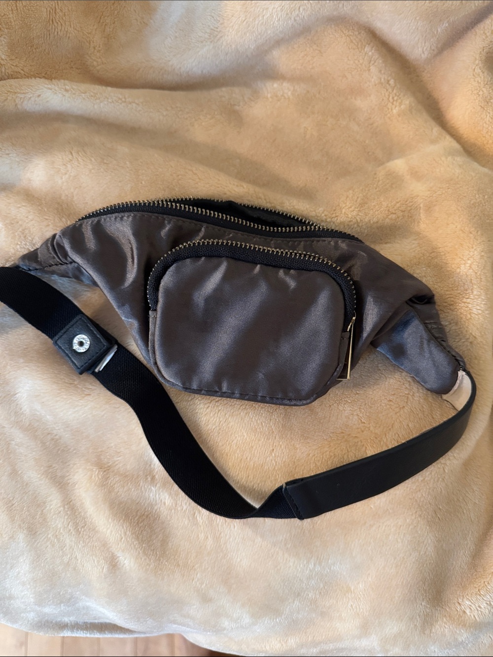 Gray Satin Belt Bag with Black Strap — Everyday Hands-Free Carry
